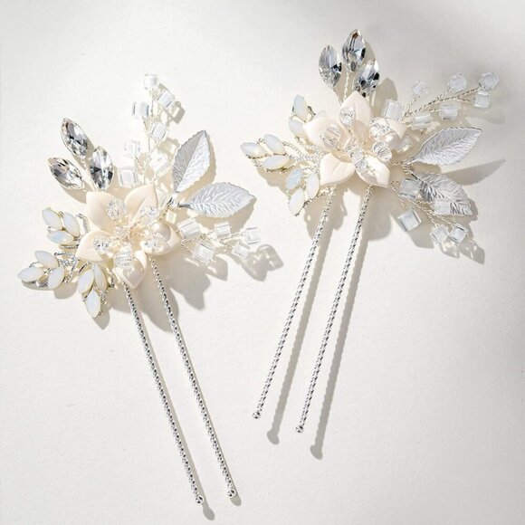 Wedding Hair Pins Set Silver Beaded Ceramic Flower Bridal Hair Accessories